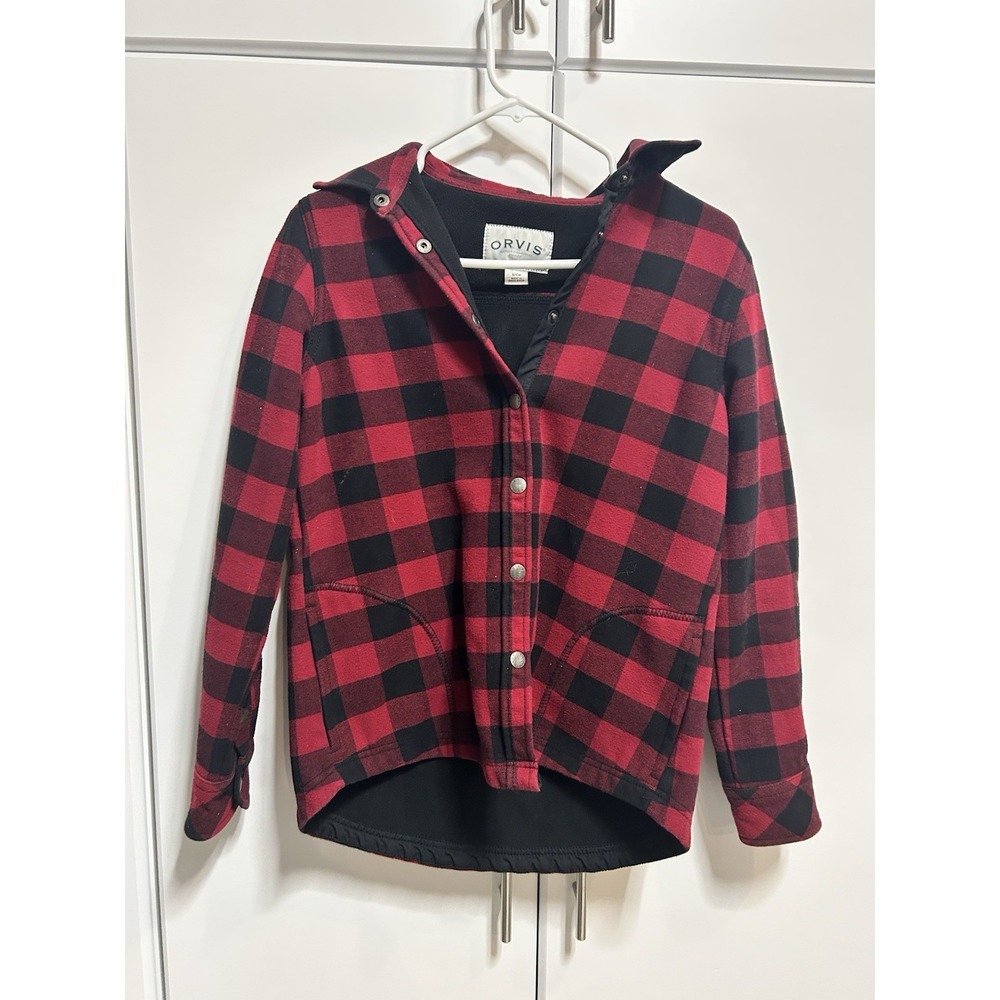 Orvis Fleece Lined Plaid Flannel Snap Shirt Jacket Shacket Red Black Women's S